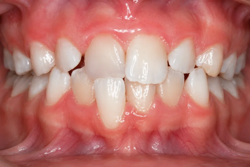 Crossbite of front teeth — top front teeth sitting behind the bottom teeth